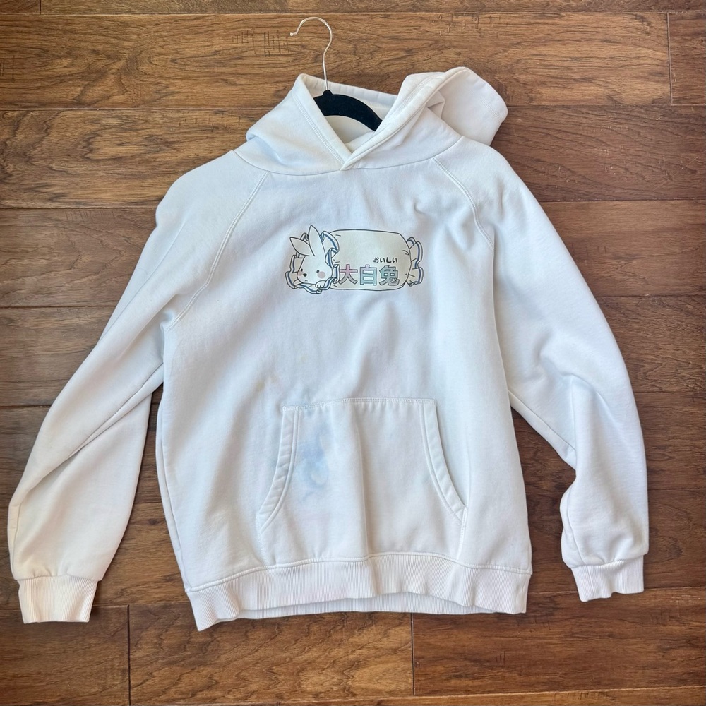 Kawaii “Big White Bunny” lined white hoodie 
Size S